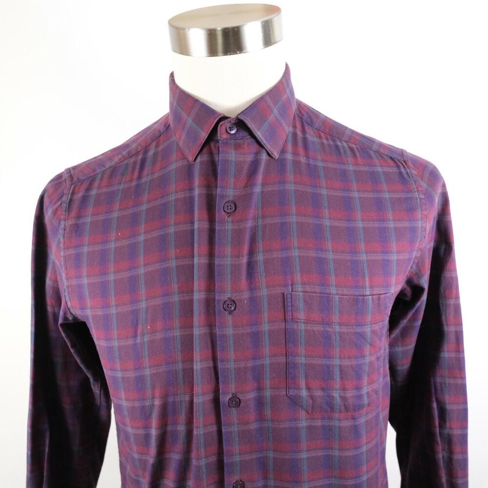 Peter England Mens Cotton Button Up Maroon Plaid Dress Shirt Size 39